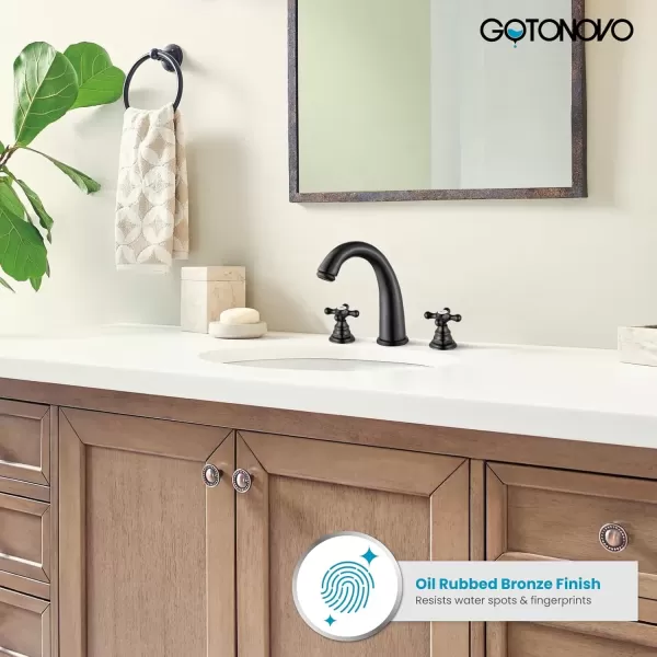 imagegotonovo 8 inch Widespread Bathroom Sink Faucet 3 Hole Bathroom Faucets for Sink 2 Cross Handles Bathroom Sink Fixtures Deck Mount with Pop Up Drain Water Lines HOT and Cold Label Matte BlackOil Rubbed Bronze