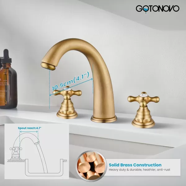 imagegotonovo 8 inch Widespread Bathroom Sink Faucet 3 Hole Bathroom Faucets for Sink 2 Cross Handles Bathroom Sink Fixtures Deck Mount with Pop Up Drain Water Lines HOT and Cold Label Matte BlackAntique Brass