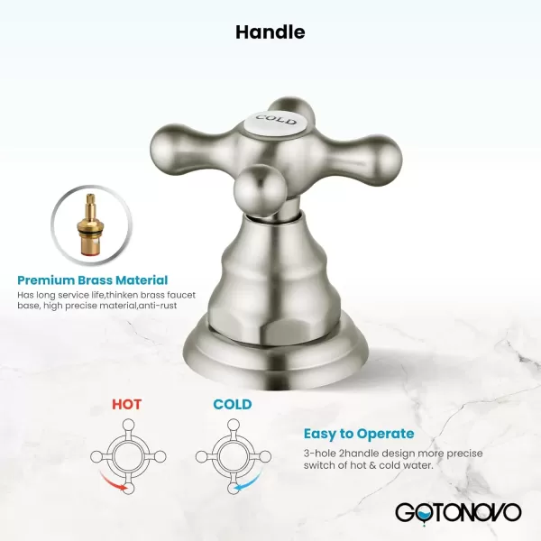 imagegotonovo 8 inch Widespread Bathroom Sink Faucet 3 Hole Bathroom Faucets for Sink 2 Cross Handles Bathroom Sink Fixtures Deck Mount with Pop Up Drain Water Lines HOT and Cold Label Matte BlackBrushed Nickel