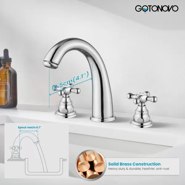imagegotonovo 8 inch Widespread Bathroom Sink Faucet 3 Hole Bathroom Faucets for Sink 2 Cross Handles Bathroom Sink Fixtures Deck Mount with Pop Up Drain Water Lines HOT and Cold Label Matte BlackPolished Chrome