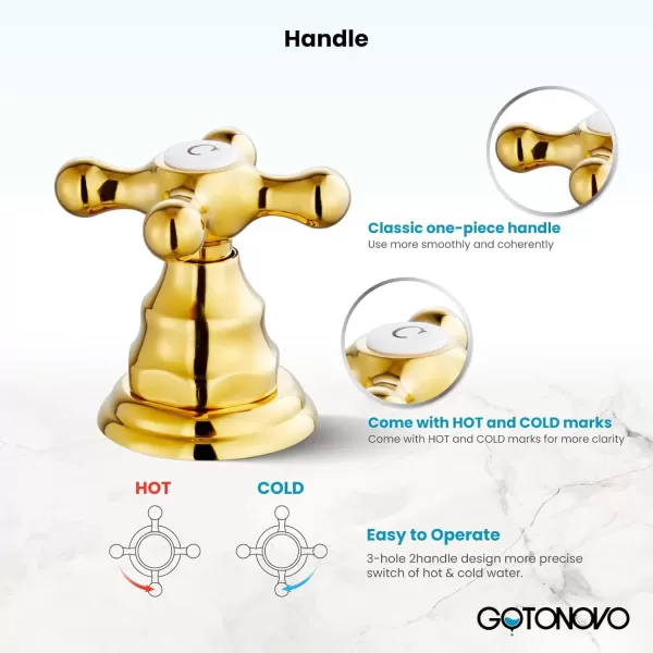 imagegotonovo 8 inch Widespread Bathroom Sink Faucet 3 Hole Bathroom Faucets for Sink 2 Cross Handles Bathroom Sink Fixtures Deck Mount with Pop Up Drain Water Lines HOT and Cold Label Matte BlackPolished Gold