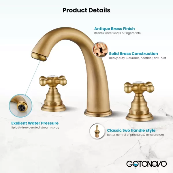 imagegotonovo 8 inch Widespread Bathroom Sink Faucet 3 Hole Bathroom Faucets for Sink 2 Cross Handles Bathroom Sink Fixtures Deck Mount with Pop Up Drain Water Lines HOT and Cold Label Matte BlackAntique Brass
