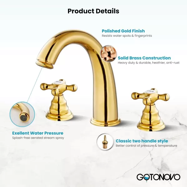 imagegotonovo 8 inch Widespread Bathroom Sink Faucet 3 Hole Bathroom Faucets for Sink 2 Cross Handles Bathroom Sink Fixtures Deck Mount with Pop Up Drain Water Lines HOT and Cold Label Matte BlackPolished Gold