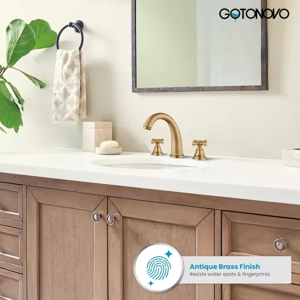 imagegotonovo 8 inch Widespread Bathroom Sink Faucet 3 Hole Bathroom Faucets for Sink 2 Cross Handles Bathroom Sink Fixtures Deck Mount with Pop Up Drain Water Lines HOT and Cold Label Matte BlackAntique Brass