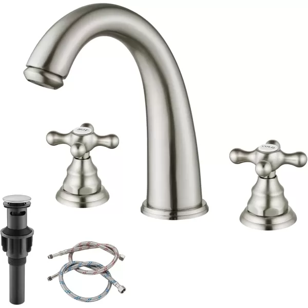 imagegotonovo 8 inch Widespread Bathroom Sink Faucet 3 Hole Bathroom Faucets for Sink 2 Cross Handles Bathroom Sink Fixtures Deck Mount with Pop Up Drain Water Lines HOT and Cold Label Matte BlackBrushed Nickel