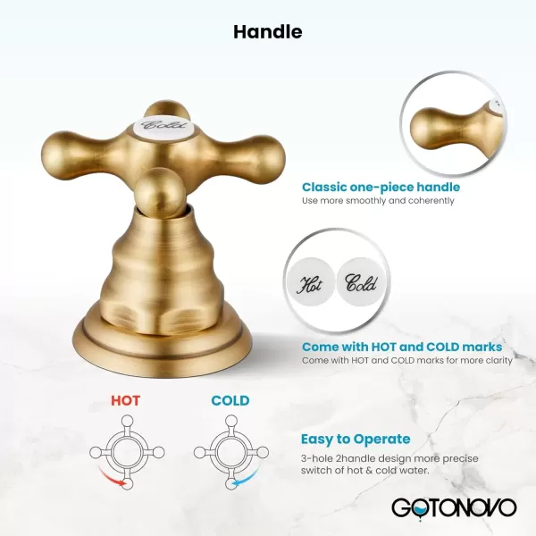 imagegotonovo 8 inch Widespread Bathroom Sink Faucet 3 Hole Bathroom Faucets for Sink 2 Cross Handles Bathroom Sink Fixtures Deck Mount with Pop Up Drain Water Lines HOT and Cold Label Matte BlackAntique Brass