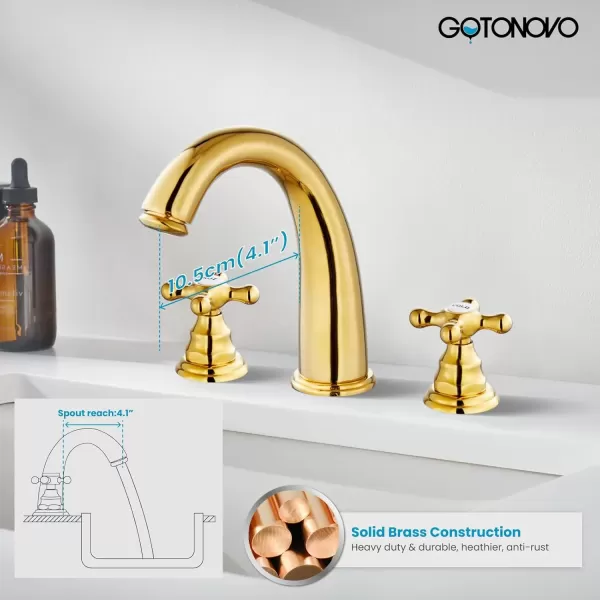 imagegotonovo 8 inch Widespread Bathroom Sink Faucet 3 Hole Bathroom Faucets for Sink 2 Cross Handles Bathroom Sink Fixtures Deck Mount with Pop Up Drain Water Lines HOT and Cold Label Matte BlackPolished Gold