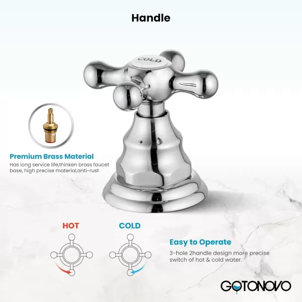 imagegotonovo 8 inch Widespread Bathroom Sink Faucet 3 Hole Bathroom Faucets for Sink 2 Cross Handles Bathroom Sink Fixtures Deck Mount with Pop Up Drain Water Lines HOT and Cold Label Matte BlackPolished Chrome