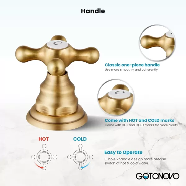 imagegotonovo 8 inch Widespread Bathroom Sink Faucet 3 Hole Bathroom Faucets for Sink 2 Cross Handles Bathroom Sink Fixtures Deck Mount with Pop Up Drain Water Lines HOT and Cold Label Matte BlackAntique Brass
