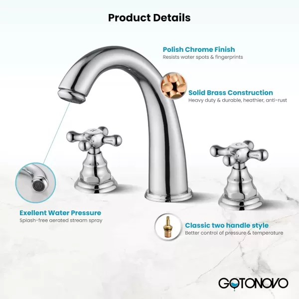 imagegotonovo 8 inch Widespread Bathroom Sink Faucet 3 Hole Bathroom Faucets for Sink 2 Cross Handles Bathroom Sink Fixtures Deck Mount with Pop Up Drain Water Lines HOT and Cold Label Matte BlackPolished Chrome