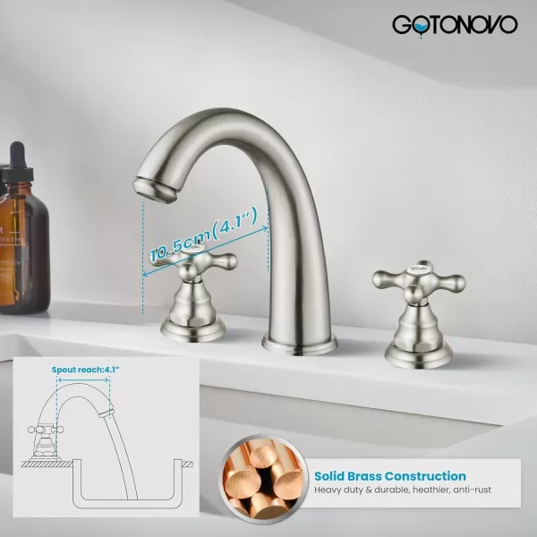 imagegotonovo 8 inch Widespread Bathroom Sink Faucet 3 Hole Bathroom Faucets for Sink 2 Cross Handles Bathroom Sink Fixtures Deck Mount with Pop Up Drain Water Lines HOT and Cold Label Matte BlackBrushed Nickel
