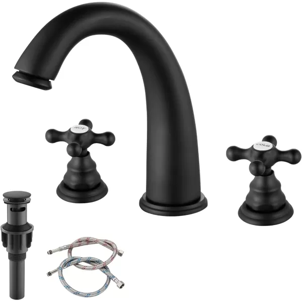 imagegotonovo 8 inch Widespread Bathroom Sink Faucet 3 Hole Bathroom Faucets for Sink 2 Cross Handles Bathroom Sink Fixtures Deck Mount with Pop Up Drain Water Lines HOT and Cold Label Matte BlackMatte Black