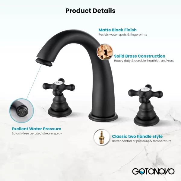imagegotonovo 8 inch Widespread Bathroom Sink Faucet 3 Hole Bathroom Faucets for Sink 2 Cross Handles Bathroom Sink Fixtures Deck Mount with Pop Up Drain Water Lines HOT and Cold Label Matte BlackMatte Black