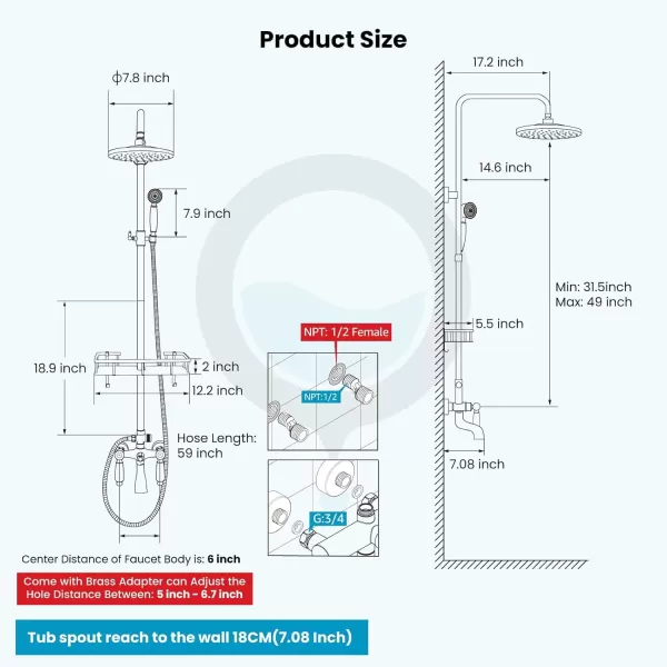 imagegotonovo Antique Brass Exposed Bathroom Shower Faucet with Shower Shelf 8 inch Rain Shower Head Wall Mounted Double Lever Handles Shower Shower System with Handheld Sprayer 3 Function with Tub SpoutStyle A