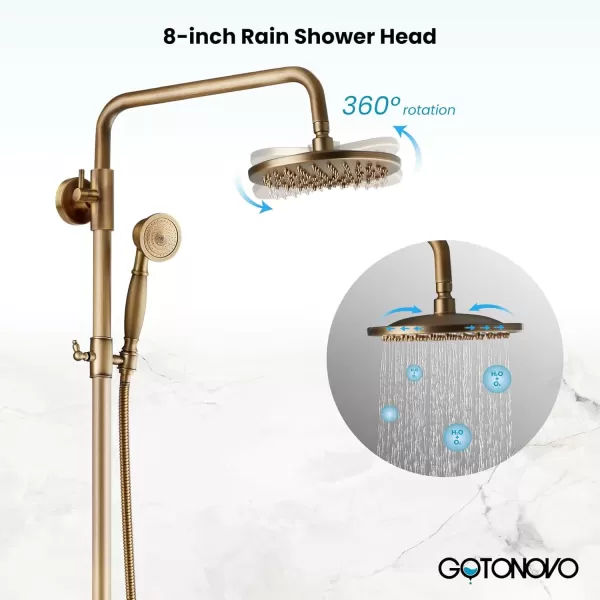 imagegotonovo Antique Brass Exposed Bathroom Shower Faucet with Shower Shelf 8 inch Rain Shower Head Wall Mounted Double Lever Handles Shower Shower System with Handheld Sprayer 3 Function with Tub SpoutStyle A