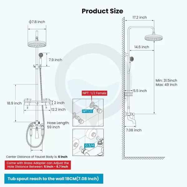 imagegotonovo Antique Brass Exposed Bathroom Shower Faucet with Shower Shelf 8 inch Rain Shower Head Wall Mounted Double Lever Handles Shower Shower System with Handheld Sprayer 3 Function with Tub SpoutStyle B