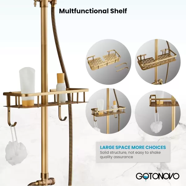 imagegotonovo Antique Brass Exposed Bathroom Shower Faucet with Shower Shelf 8 inch Rain Shower Head Wall Mounted Double Lever Handles Shower Shower System with Handheld Sprayer 3 Function with Tub SpoutStyle C