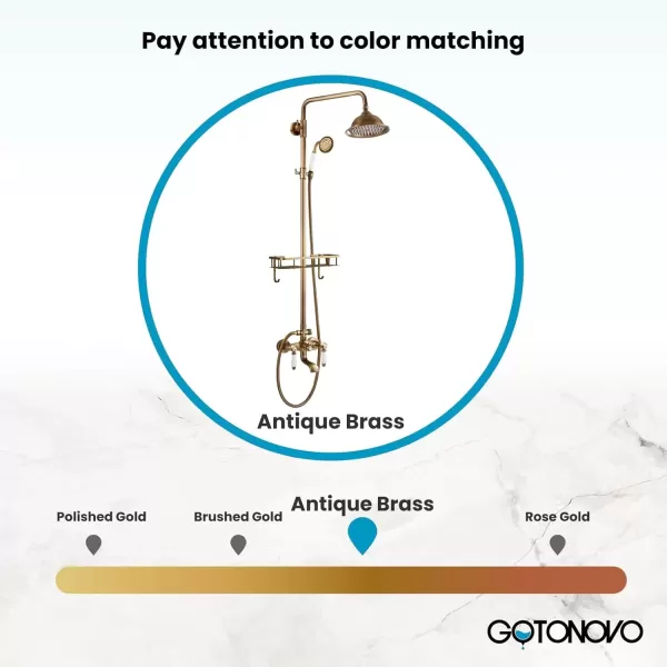 imagegotonovo Antique Brass Exposed Bathroom Shower Faucet with Shower Shelf 8 inch Rain Shower Head Wall Mounted Double Lever Handles Shower Shower System with Handheld Sprayer 3 Function with Tub SpoutStyle C