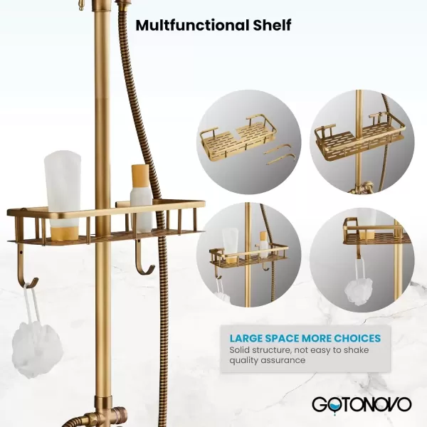 imagegotonovo Antique Brass Exposed Bathroom Shower Faucet with Shower Shelf 8 inch Rain Shower Head Wall Mounted Double Lever Handles Shower Shower System with Handheld Sprayer 3 Function with Tub SpoutStyle A