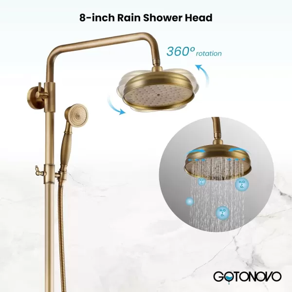 imagegotonovo Antique Brass Exposed Bathroom Shower Faucet with Shower Shelf 8 inch Rain Shower Head Wall Mounted Double Lever Handles Shower Shower System with Handheld Sprayer 3 Function with Tub SpoutStyle B
