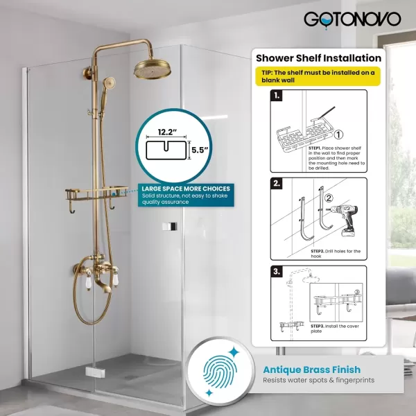 imagegotonovo Antique Brass Exposed Bathroom Shower Faucet with Shower Shelf 8 inch Rain Shower Head Wall Mounted Double Lever Handles Shower Shower System with Handheld Sprayer 3 Function with Tub SpoutStyle B