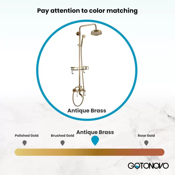imagegotonovo Antique Brass Exposed Bathroom Shower Faucet with Shower Shelf 8 inch Rain Shower Head Wall Mounted Double Lever Handles Shower Shower System with Handheld Sprayer 3 Function with Tub SpoutStyle B