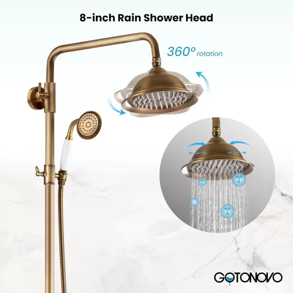 imagegotonovo Antique Brass Exposed Bathroom Shower Faucet with Shower Shelf 8 inch Rain Shower Head Wall Mounted Double Lever Handles Shower Shower System with Handheld Sprayer 3 Function with Tub SpoutStyle C