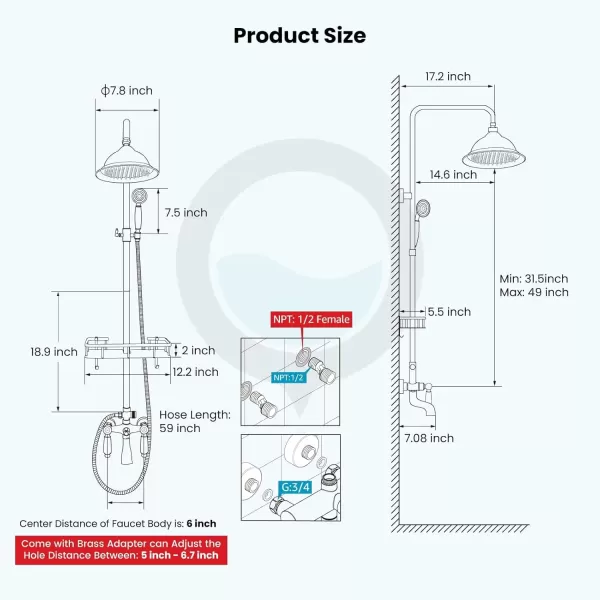 imagegotonovo Antique Brass Exposed Bathroom Shower Faucet with Shower Shelf 8 inch Rain Shower Head Wall Mounted Double Lever Handles Shower Shower System with Handheld Sprayer 3 Function with Tub SpoutStyle C
