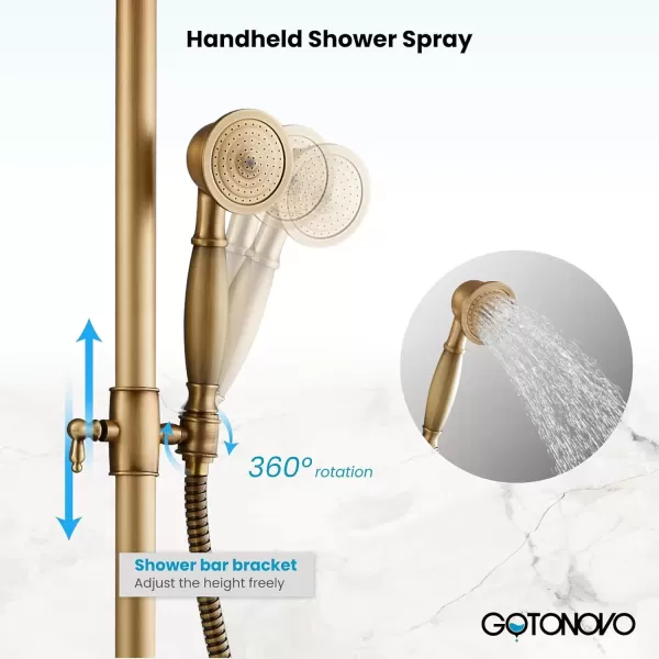 imagegotonovo Antique Brass Exposed Bathroom Shower Faucet with Shower Shelf 8 inch Rain Shower Head Wall Mounted Double Lever Handles Shower Shower System with Handheld Sprayer 3 Function with Tub SpoutStyle B