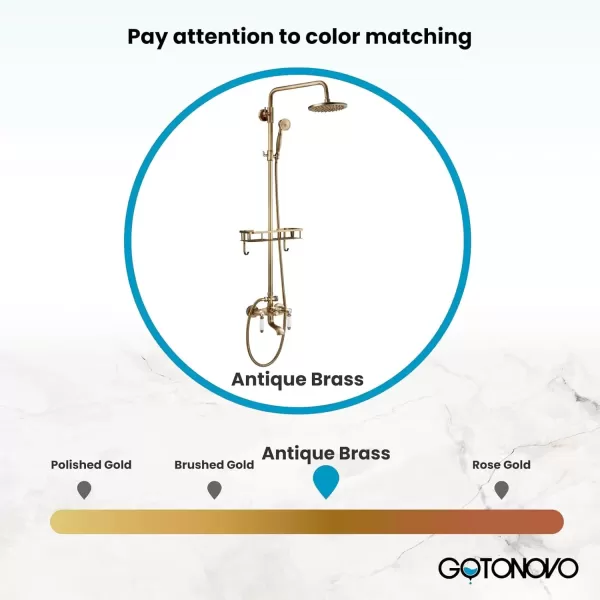 imagegotonovo Antique Brass Exposed Bathroom Shower Faucet with Shower Shelf 8 inch Rain Shower Head Wall Mounted Double Lever Handles Shower Shower System with Handheld Sprayer 3 Function with Tub SpoutStyle A
