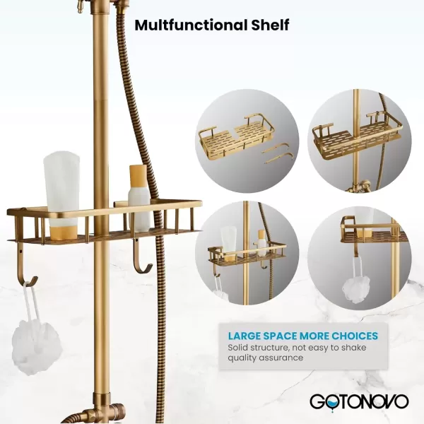imagegotonovo Antique Brass Exposed Bathroom Shower Faucet with Shower Shelf 8 inch Rain Shower Head Wall Mounted Double Lever Handles Shower Shower System with Handheld Sprayer 3 Function with Tub SpoutStyle B