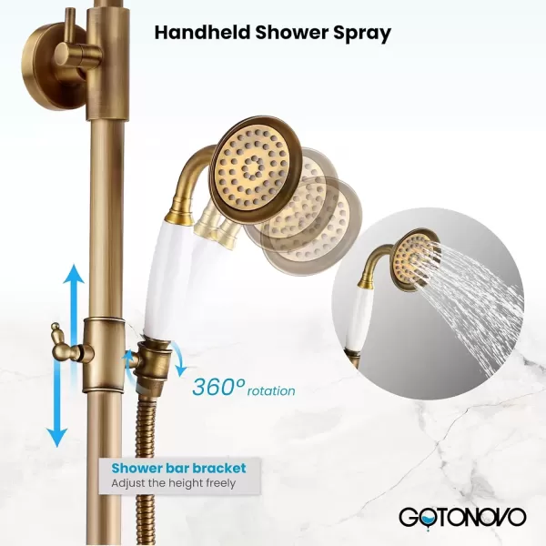 imagegotonovo Antique Brass Exposed Bathroom Shower Faucet with Shower Shelf 8 inch Rain Shower Head Wall Mounted Double Lever Handles Shower Shower System with Handheld Sprayer 3 Function with Tub SpoutStyle C