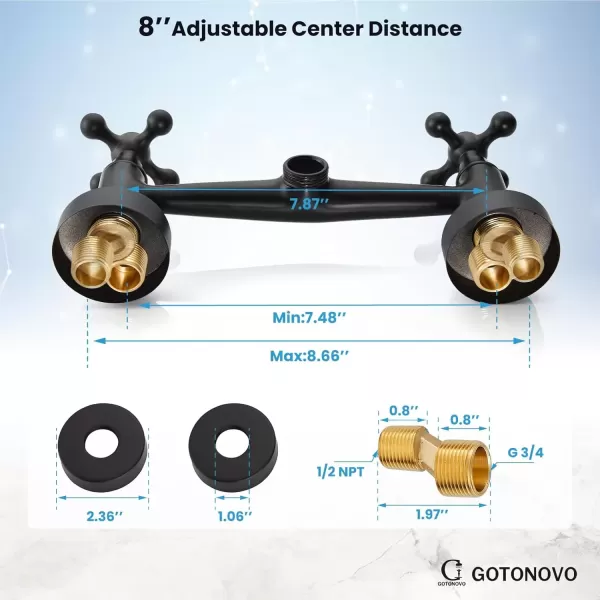 imagegotonovo Antique Brass Wall Mount Kitchen Sink Faucet 6 Inch Center Adjustable Hole Distance with Swing Arms adpater Mixer Tap 360 Degree Swivel Spout Double Cross HandleMatte Black