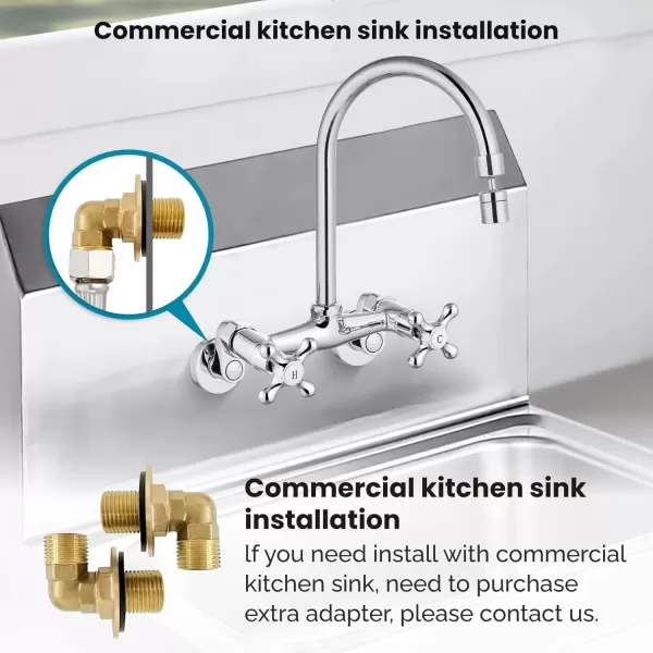 imagegotonovo Antique Brass Wall Mount Kitchen Sink Faucet 6 Inch Center Adjustable Hole Distance with Swing Arms adpater Mixer Tap 360 Degree Swivel Spout Double Cross HandlePolish Chrome