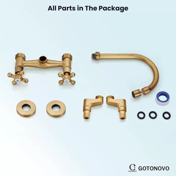 imagegotonovo Antique Brass Wall Mount Kitchen Sink Faucet 6 Inch Center Adjustable Hole Distance with Swing Arms adpater Mixer Tap 360 Degree Swivel Spout Double Cross HandleAntique Brass