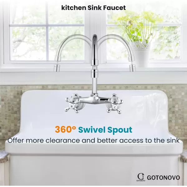 imagegotonovo Antique Brass Wall Mount Kitchen Sink Faucet 6 Inch Center Adjustable Hole Distance with Swing Arms adpater Mixer Tap 360 Degree Swivel Spout Double Cross HandlePolish Chrome