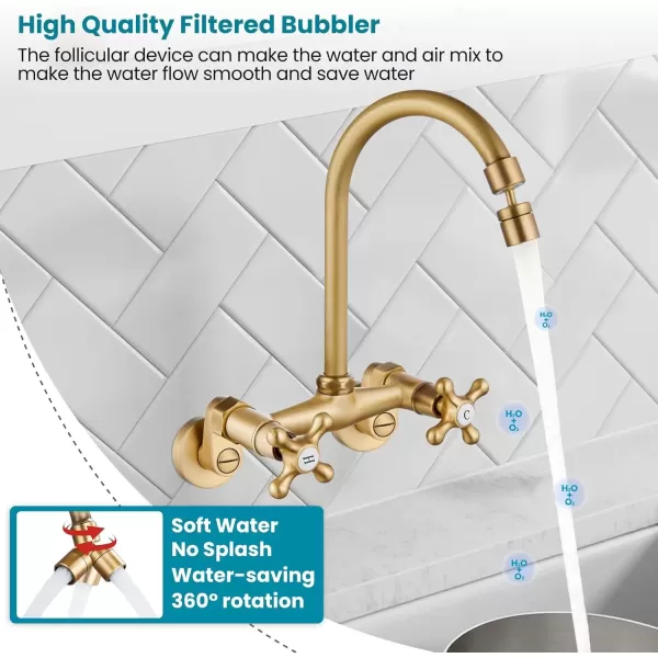 imagegotonovo Antique Brass Wall Mount Kitchen Sink Faucet 6 Inch Center Adjustable Hole Distance with Swing Arms adpater Mixer Tap 360 Degree Swivel Spout Double Cross HandleAntique Brass