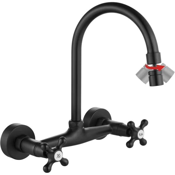 imagegotonovo Antique Brass Wall Mount Kitchen Sink Faucet 6 Inch Center Adjustable Hole Distance with Swing Arms adpater Mixer Tap 360 Degree Swivel Spout Double Cross HandleMatte Black