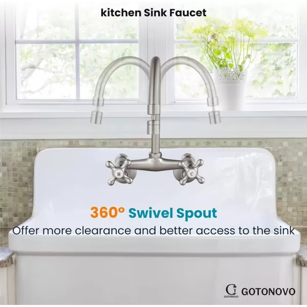 imagegotonovo Antique Brass Wall Mount Kitchen Sink Faucet 6 Inch Center Adjustable Hole Distance with Swing Arms adpater Mixer Tap 360 Degree Swivel Spout Double Cross HandleBrushed Nickel