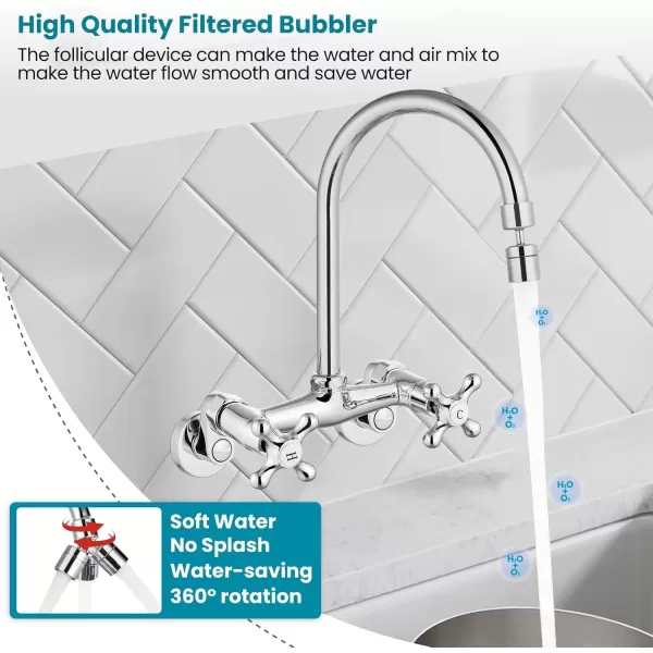 imagegotonovo Antique Brass Wall Mount Kitchen Sink Faucet 6 Inch Center Adjustable Hole Distance with Swing Arms adpater Mixer Tap 360 Degree Swivel Spout Double Cross HandlePolish Chrome