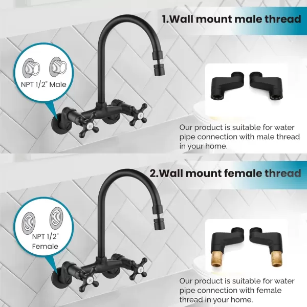 imagegotonovo Antique Brass Wall Mount Kitchen Sink Faucet 6 Inch Center Adjustable Hole Distance with Swing Arms adpater Mixer Tap 360 Degree Swivel Spout Double Cross HandleMatte Black