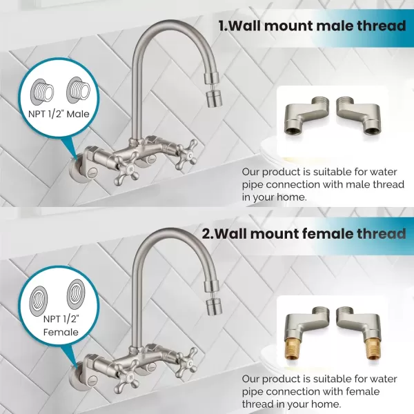 imagegotonovo Antique Brass Wall Mount Kitchen Sink Faucet 6 Inch Center Adjustable Hole Distance with Swing Arms adpater Mixer Tap 360 Degree Swivel Spout Double Cross HandleBrushed Nickel