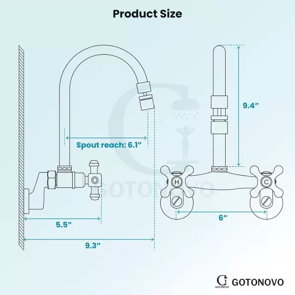 imagegotonovo Antique Brass Wall Mount Kitchen Sink Faucet 6 Inch Center Adjustable Hole Distance with Swing Arms adpater Mixer Tap 360 Degree Swivel Spout Double Cross HandlePolish Chrome