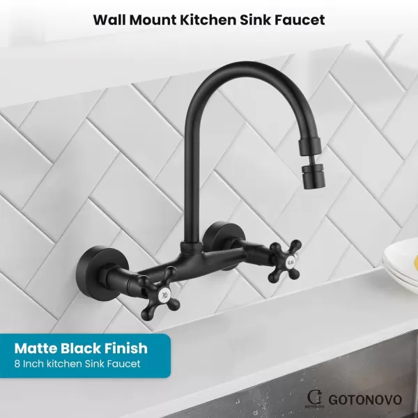 imagegotonovo Antique Brass Wall Mount Kitchen Sink Faucet 6 Inch Center Adjustable Hole Distance with Swing Arms adpater Mixer Tap 360 Degree Swivel Spout Double Cross HandleMatte Black