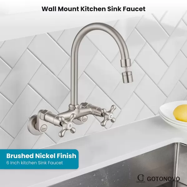 imagegotonovo Antique Brass Wall Mount Kitchen Sink Faucet 6 Inch Center Adjustable Hole Distance with Swing Arms adpater Mixer Tap 360 Degree Swivel Spout Double Cross HandleBrushed Nickel