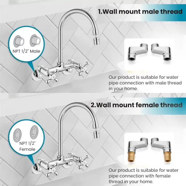 imagegotonovo Antique Brass Wall Mount Kitchen Sink Faucet 6 Inch Center Adjustable Hole Distance with Swing Arms adpater Mixer Tap 360 Degree Swivel Spout Double Cross HandlePolish Chrome