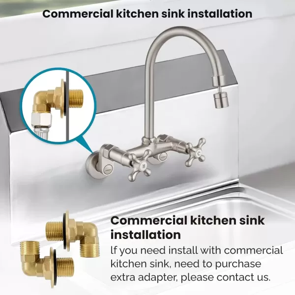 imagegotonovo Antique Brass Wall Mount Kitchen Sink Faucet 6 Inch Center Adjustable Hole Distance with Swing Arms adpater Mixer Tap 360 Degree Swivel Spout Double Cross HandleBrushed Nickel