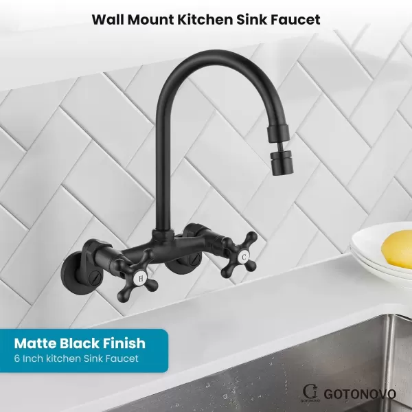 imagegotonovo Antique Brass Wall Mount Kitchen Sink Faucet 6 Inch Center Adjustable Hole Distance with Swing Arms adpater Mixer Tap 360 Degree Swivel Spout Double Cross HandleMatte Black