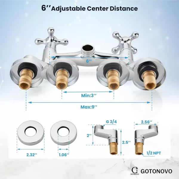 imagegotonovo Antique Brass Wall Mount Kitchen Sink Faucet 6 Inch Center Adjustable Hole Distance with Swing Arms adpater Mixer Tap 360 Degree Swivel Spout Double Cross HandlePolish Chrome