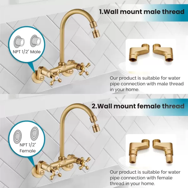 imagegotonovo Antique Brass Wall Mount Kitchen Sink Faucet 6 Inch Center Adjustable Hole Distance with Swing Arms adpater Mixer Tap 360 Degree Swivel Spout Double Cross HandleAntique Brass
